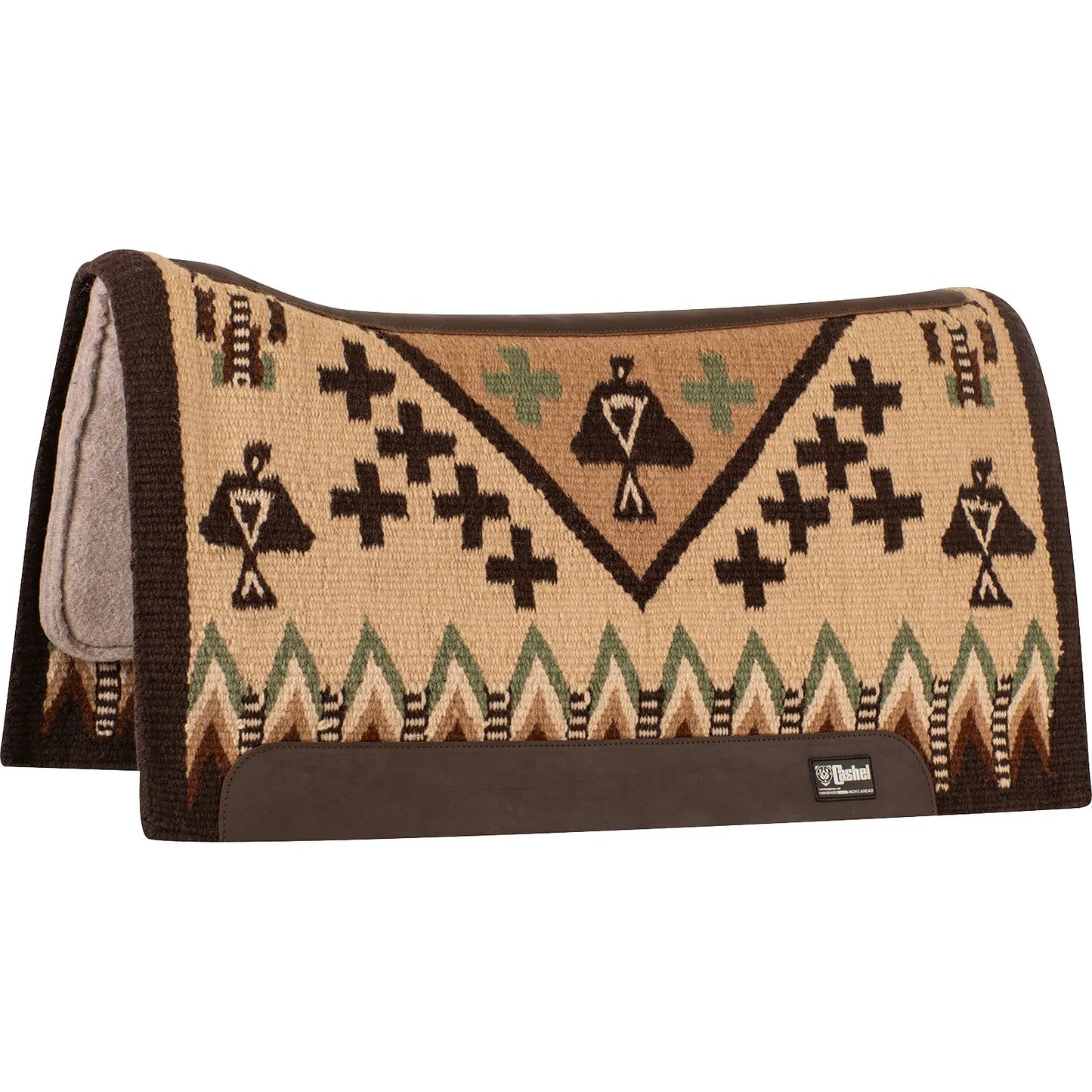 Cashel 34x38 Blanket Top Felt Saddle Pad featuring a classic Southwest Thunderbird design in earth tones of tan, dark brown, and sage green. This Western comfort pad includes cross motifs, a zigzag border, and a contoured shape for a better fit. Built for durability with a thick shock-absorbing felt lining and premium leather wear leathers along the spine and sides. A stylish, functional horse saddle pad ideal for trail riding, ranch work, or Western performance.