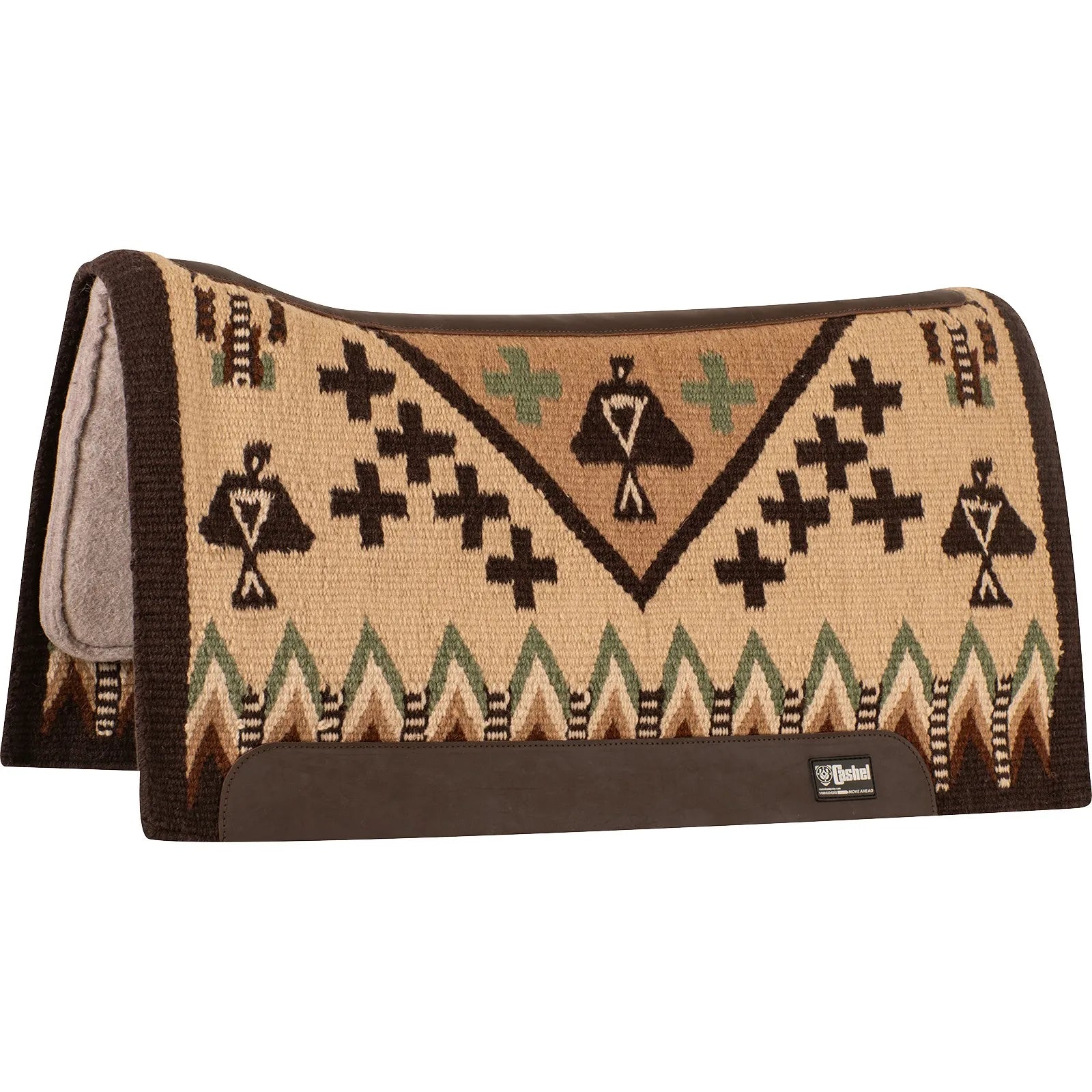 Cashel 34x38 Blanket Top Felt Saddle Pad featuring a classic Southwest Thunderbird design in earth tones of tan, dark brown, and sage green. This Western comfort pad includes cross motifs, a zigzag border, and a contoured shape for a better fit. Built for durability with a thick shock-absorbing felt lining and premium leather wear leathers along the spine and sides. A stylish, functional horse saddle pad ideal for trail riding, ranch work, or Western performance.