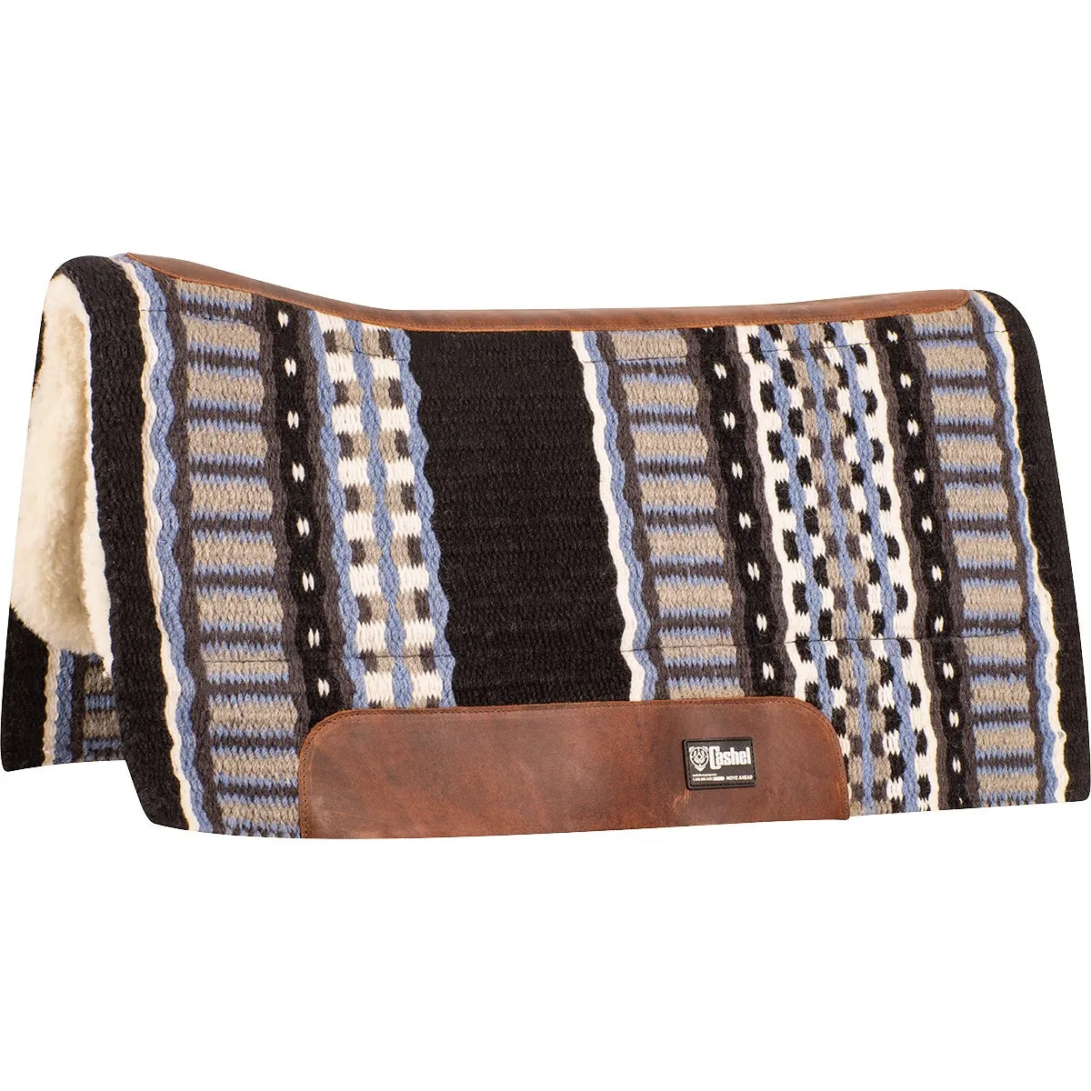 Cashel 32x34 Blanket Top Performance Pad with plush Merino fleece lining for premium horse comfort. This western saddle pad features a blue, grey, and black Navajo pattern top, durable brown leather wear leathers, and a contoured spine for a perfect fit. Ideal for performance, ranch, or trail riding, it combines shock absorption with classic equestrian style under any western saddle.