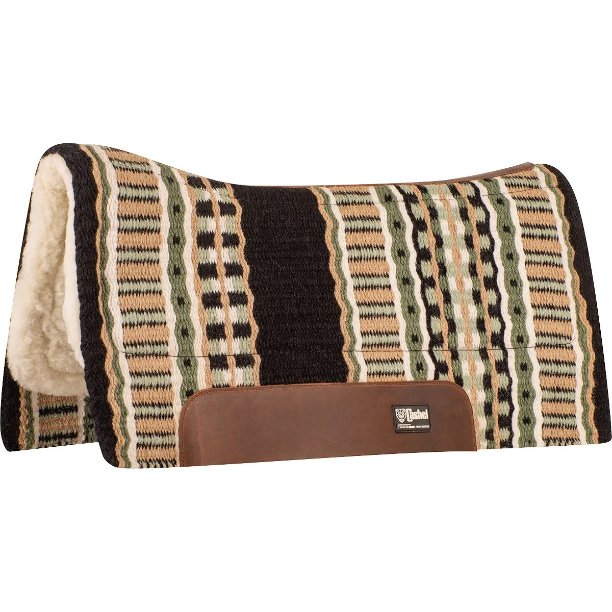 Cashel 32x34 Blanket Top Performance Saddle Pad featuring a sage, black, and tan woven geometric pattern. This western horse pad is lined with plush, cream-colored Merino fleece for superior comfort and shock absorption. The contoured design ensures a perfect fit along the spine, while large brown leather wear leathers provide added durability. Ideal for performance or trail riding, this pad offers a professional look with high-quality protection.