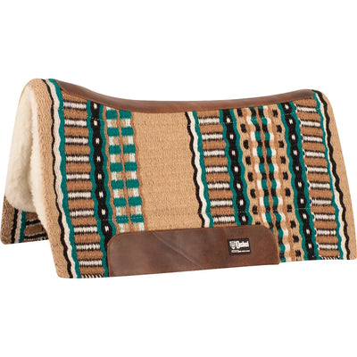 Cashel Blanket Top Performance Saddle Pad in a 32x34 Tan/Green geometric pattern. This western saddle pad features a contoured spine for a perfect fit, durable brown leather wear leathers, and a plush white fleece underside for horse comfort and protection. Designed for performance and style, this high-quality horse tack is perfect for western riding, trail riding, and equestrian enthusiasts looking for professional-grade gear.