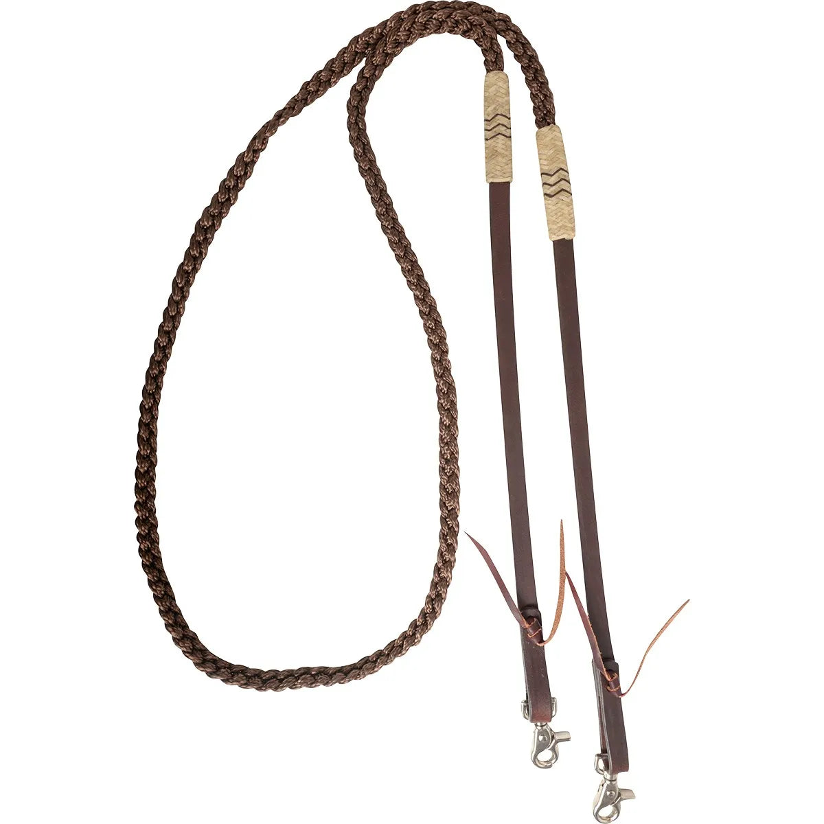 Cashel Braided Rawhide Button Roping Reins in chocolate brown. These high-quality Western horse reins feature a durable braided rope design accented with natural rawhide button knots and decorative chevron detailing. The ends are crafted from premium dark chocolate leather with sturdy nickel-plated scissor snaps for secure attachment to the bit. Perfect for roping, trail riding, and everyday Western equestrian activities.