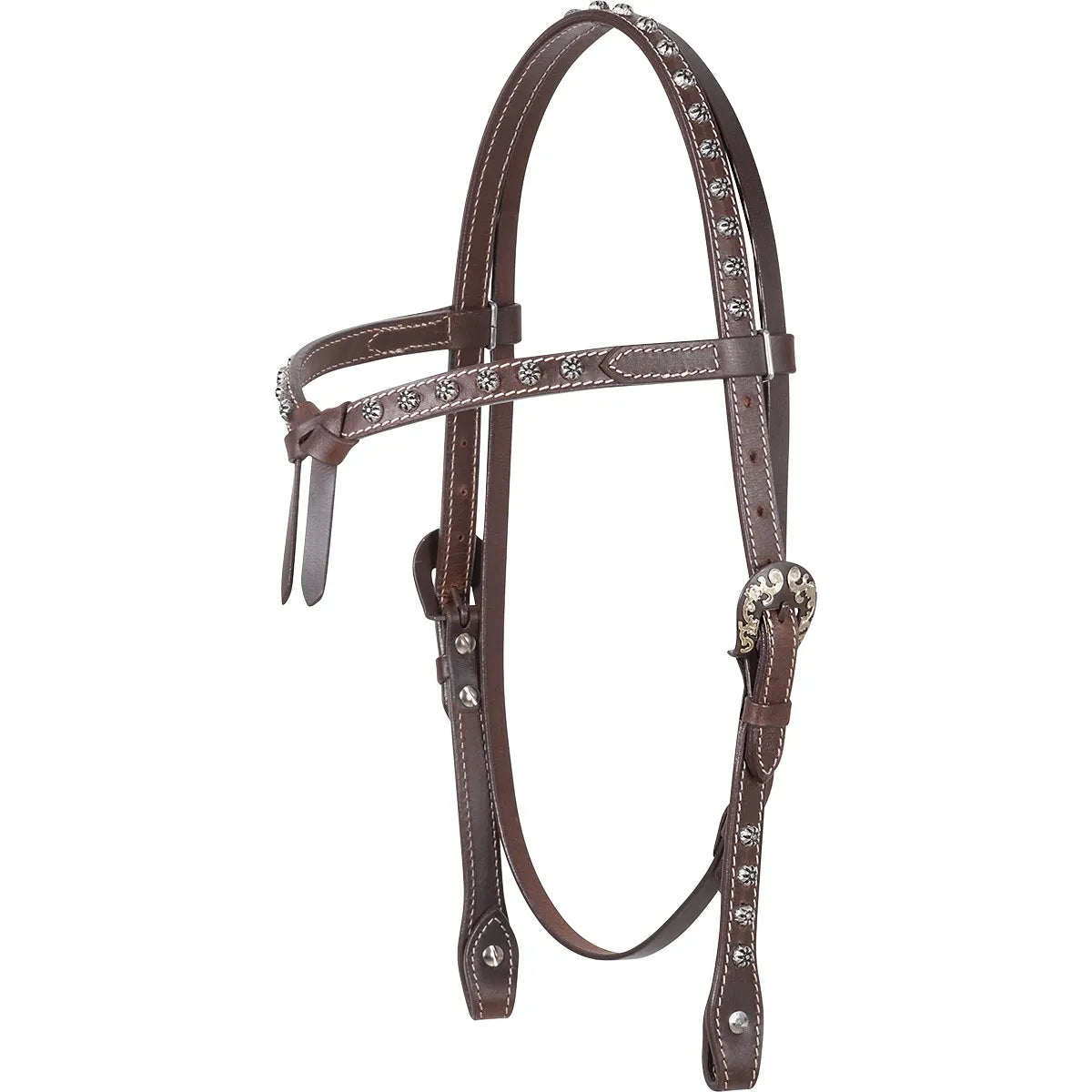 Cashel Browband Headstall with Antique Dots and Tied Front (SA-HTCAD). This Western dark brown leather headstall features decorative silver-tone studs, contrast white stitching, and ornate antique-style buckles. The unique tied-front browband adds a rustic touch to this premium equestrian tack, making it a stylish choice for trail or show. High-quality leather horse bridle with silver concho accents.