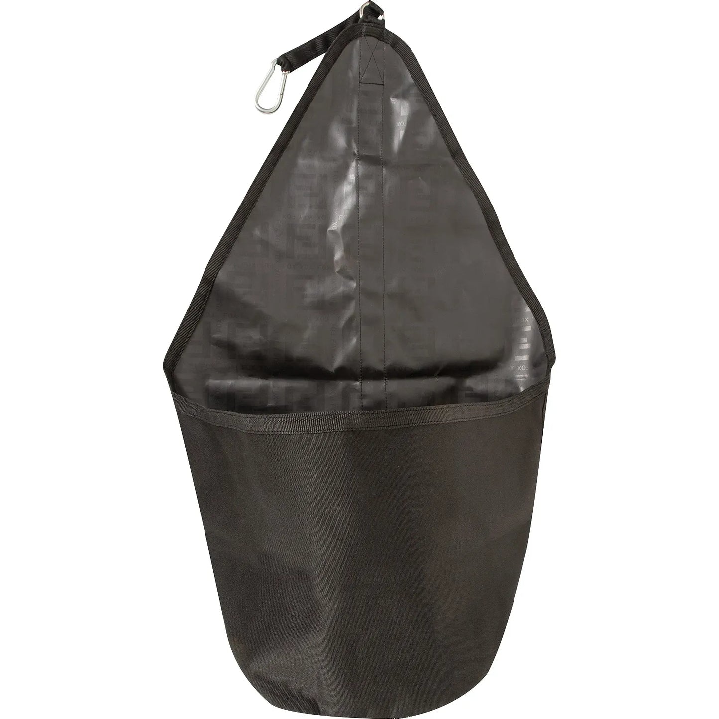 Durable Cashel Bucket Bag in black, designed as a 5-gallon bucket protector and barn organizer. This hanging storage bag features a robust metal snap hook for easy attachment in stalls, trailers, or paddocks. Made from heavy-duty material to withstand barn life, it is perfect for horse grooming supplies, feed, and stable organization. Elevate your equestrian storage with this functional and stylish stable accessory.
