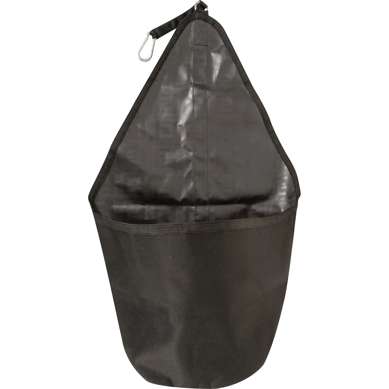 Durable Cashel Bucket Bag in black, designed as a 5-gallon bucket protector and barn organizer. This hanging storage bag features a robust metal snap hook for easy attachment in stalls, trailers, or paddocks. Made from heavy-duty material to withstand barn life, it is perfect for horse grooming supplies, feed, and stable organization. Elevate your equestrian storage with this functional and stylish stable accessory.