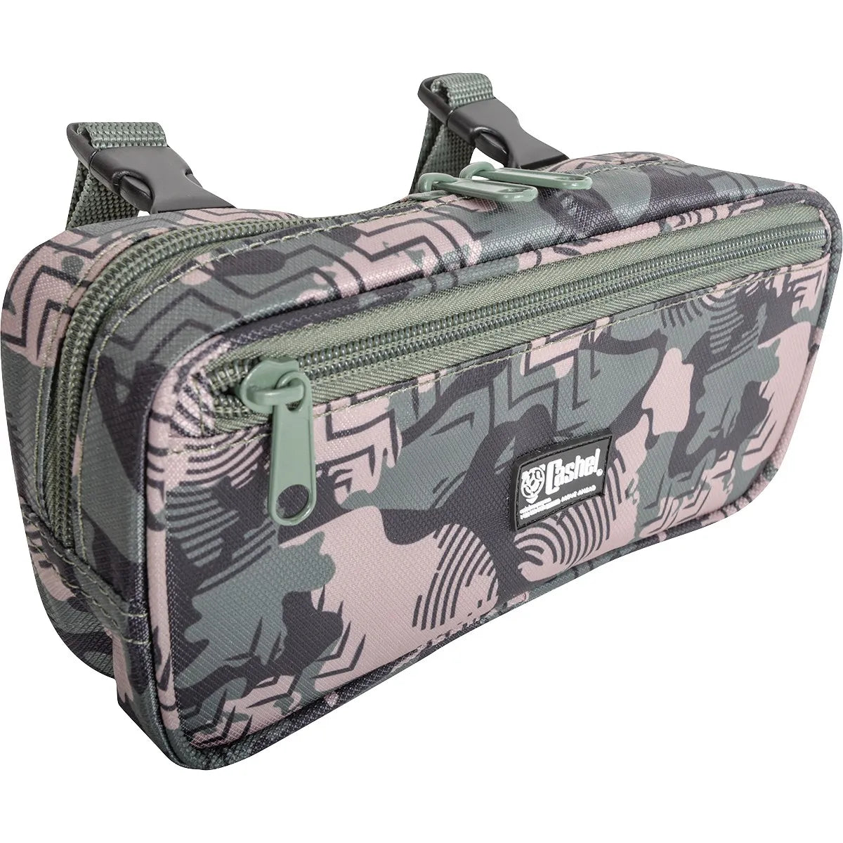 Cashel Camo Pommel Bag featuring a stylish pink and grey camouflage pattern. This functional equestrian gear includes two zippered compartments for organized storage and heavy-duty nylon straps with quick-release buckles for secure attachment to a horse saddle. A compact and durable trail riding accessory, perfect for keeping essentials close at hand while on the go. Ideal for horse lovers looking for trendy and practical horse tack.