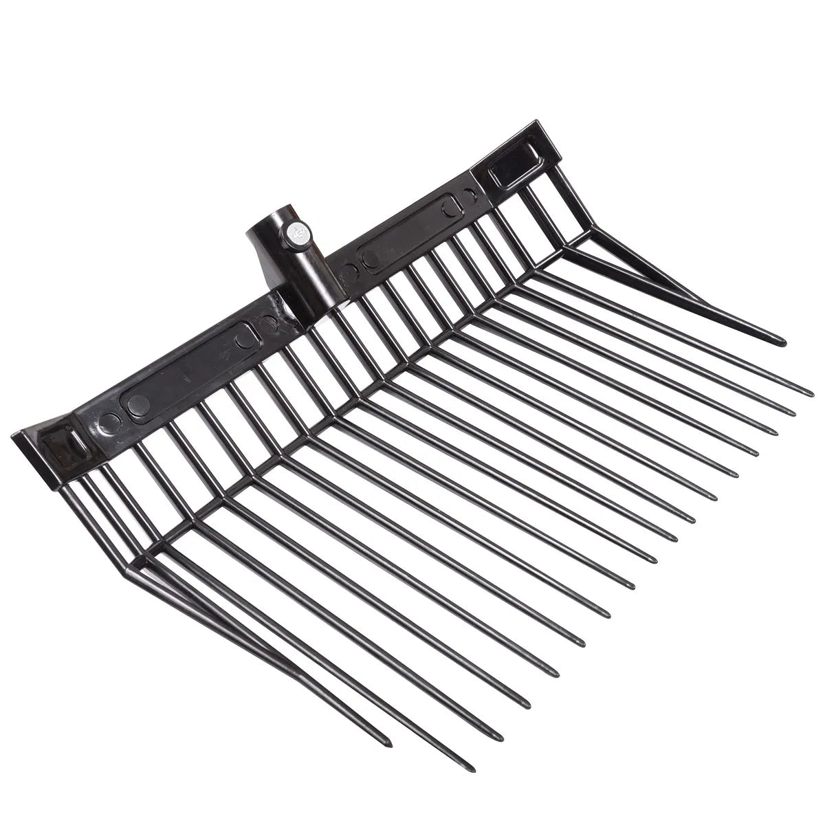 Cashel Company 18-Tine Manure Fork head in a sleek black finish. This durable, lightweight stable tool features high-strength tines and angled sides designed to prevent spills and maximize efficiency. Ideal for horse stall maintenance, shifting shavings, and manure pickup, this high-quality pitchfork head is a must-have for barn management and clean bedding.
