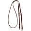 Cashel Company 8 Foot Adjustable Reins in premium dark brown leather with rawhide accents and white contrast stitching. Features durable silver buckles for easy length adjustment and snap hook ends for quick bit attachment. These high-quality western horse reins provide a professional look and reliable performance for trail riding or training.
