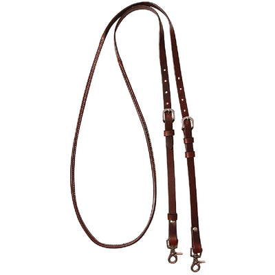 Cashel Company 8 Foot Adjustable Reins in premium dark brown leather with rawhide accents and white contrast stitching. Features durable silver buckles for easy length adjustment and snap hook ends for quick bit attachment. These high-quality western horse reins provide a professional look and reliable performance for trail riding or training.