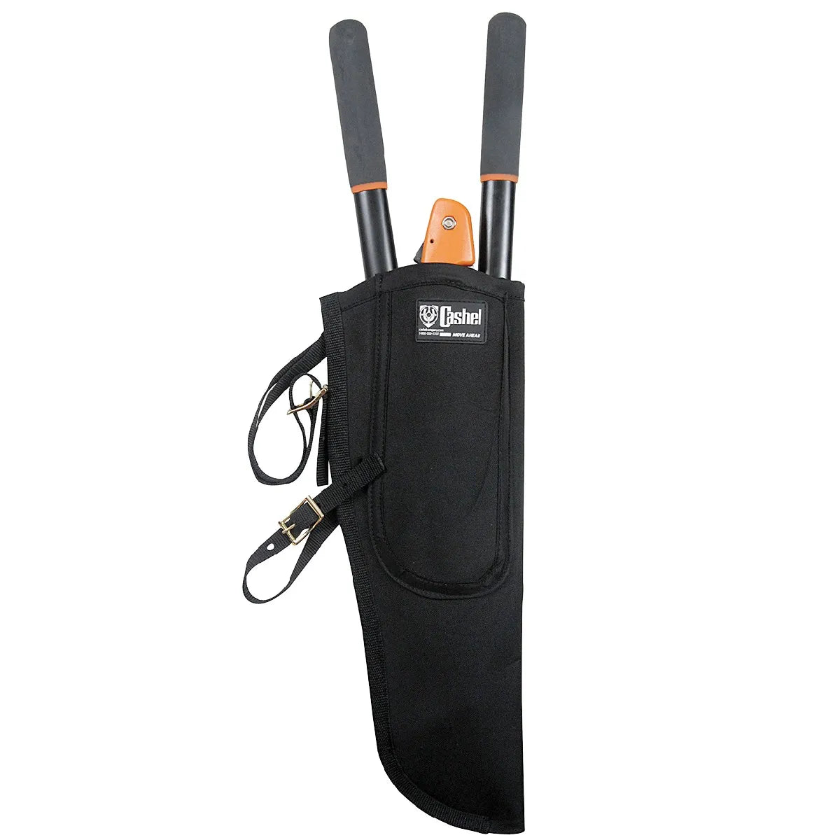 Cashel Company Black Lopper and Saw Scabbard crafted from heavy-duty nylon. This trail riding essential features adjustable mounting straps with brass buckles to securely attach to your saddle or ATV. Shown holding long-handled loppers and a folding saw, it's the perfect gear for clearing brush, trail maintenance, and ranch chores. Durable, practical, and a top choice for outdoor enthusiasts and equestrian trail riders looking for reliable tool storage.