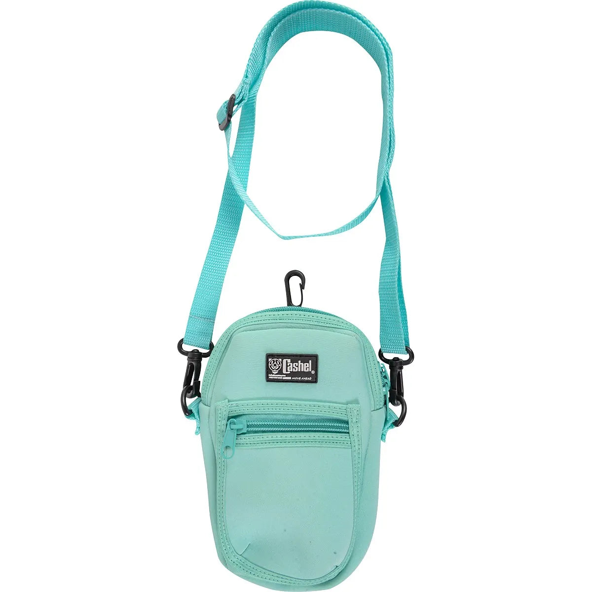 Cashel Company Phone Holder in Mint. This versatile equestrian cell phone pouch features an adjustable, removable crossbody strap and a heavy-duty clip for secure attachment to a saddle horn or belt loop. Crafted from durable mint green padded material, it includes a main zippered compartment and a front zipper pocket for essentials like keys or cards. A functional and stylish accessory for trail riding, hiking, or hands-free travel.