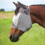Cashel Crusader Fly Mask in a stylish leopard print, featuring protective grey mesh for the eyes and matching leopard-patterned ear covers. Shown on a bay horse in a green field, this durable fly mask provides ultimate protection against pests and UV rays while ensuring comfort and visibility. A must-have for equestrians seeking effective fly control and eye protection with a trendy leopard print design for their horse gear collection.