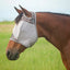 Cashel Crusader Fly Mask in a stylish Leopard print, offering ultimate eye and face protection for horses. This grey mesh mask features leopard-patterned trim, comfortable ear holes, and a secure velcro fit to keep flies and UV rays away. Shown on a bay horse in a lush green pasture, this high-quality equestrian gear is perfect for summer horse care and insect protection.