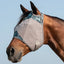 Cashel Crusader Fly Mask in the Pluma print, featuring a durable grey mesh body with vibrant teal and blue patterned trim on a bay horse. This protective horse fly mask offers UV protection and insect defense with clear visibility. Designed with soft fleece edging for comfort and a secure strap for a snug fit. Perfect equestrian gear for pasture use, providing ultimate fly protection and style for your horse.