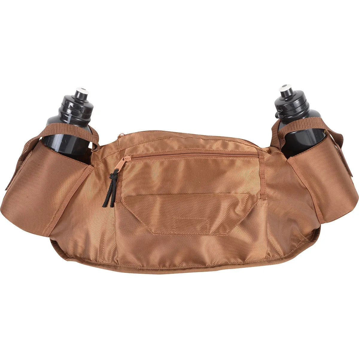 Cashel Deluxe Equine Cantle Bag in a shimmering copper-brown nylon. This trail riding saddle bag features two side-mounted water bottle holders with black bottles included and a large zippered central compartment for gear. Designed to fit securely behind a horse saddle's cantle, this durable equestrian accessory keeps riders organized and hydrated on long trails. Features multiple storage pockets and a contoured shape for a stable, secure fit.