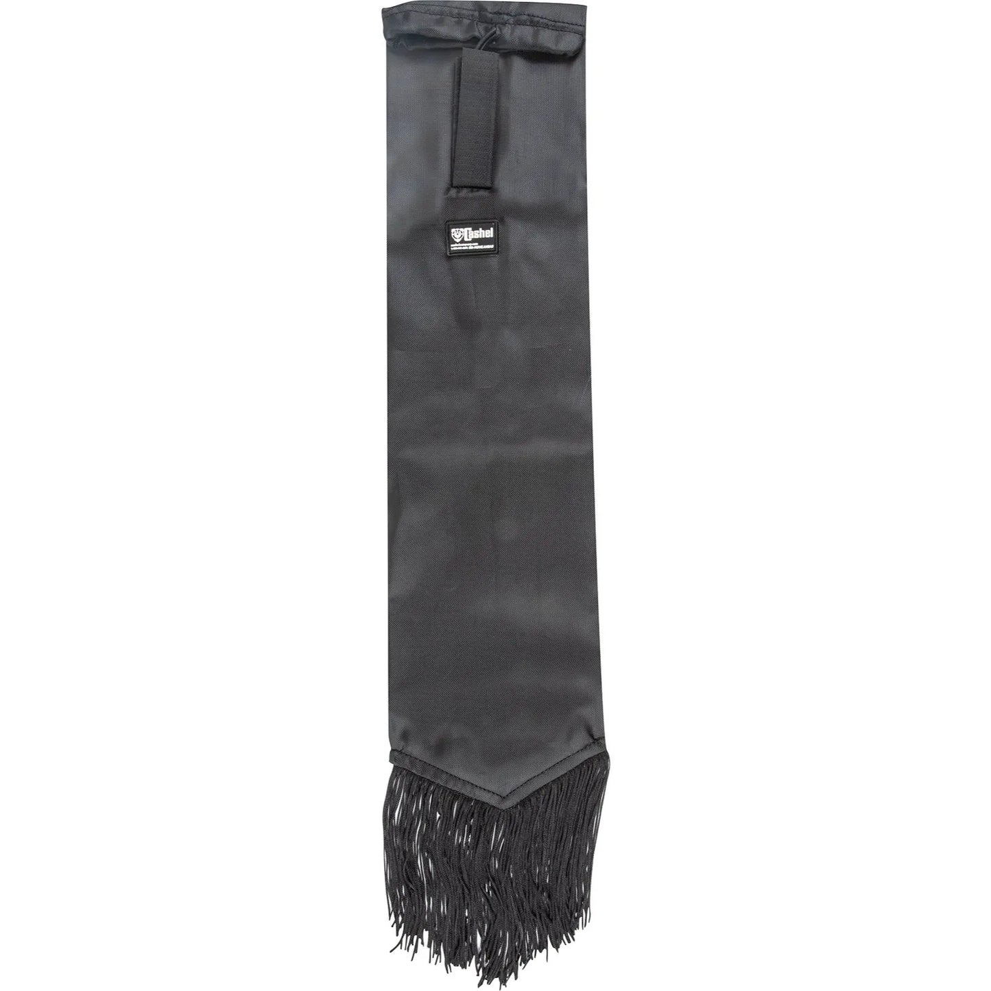 Black Cashel Designer Tail Bag Wrap in sleek black nylon, featuring a stylish pointed bottom with long, flowy fringe. Designed to protect a horse's tail from breakage, dirt, and tangles, this equestrian accessory includes a secure Velcro attachment strap and drawstring closure. Perfect for show horses or daily tail care, combining durable protection with a professional look for the stable or travel.