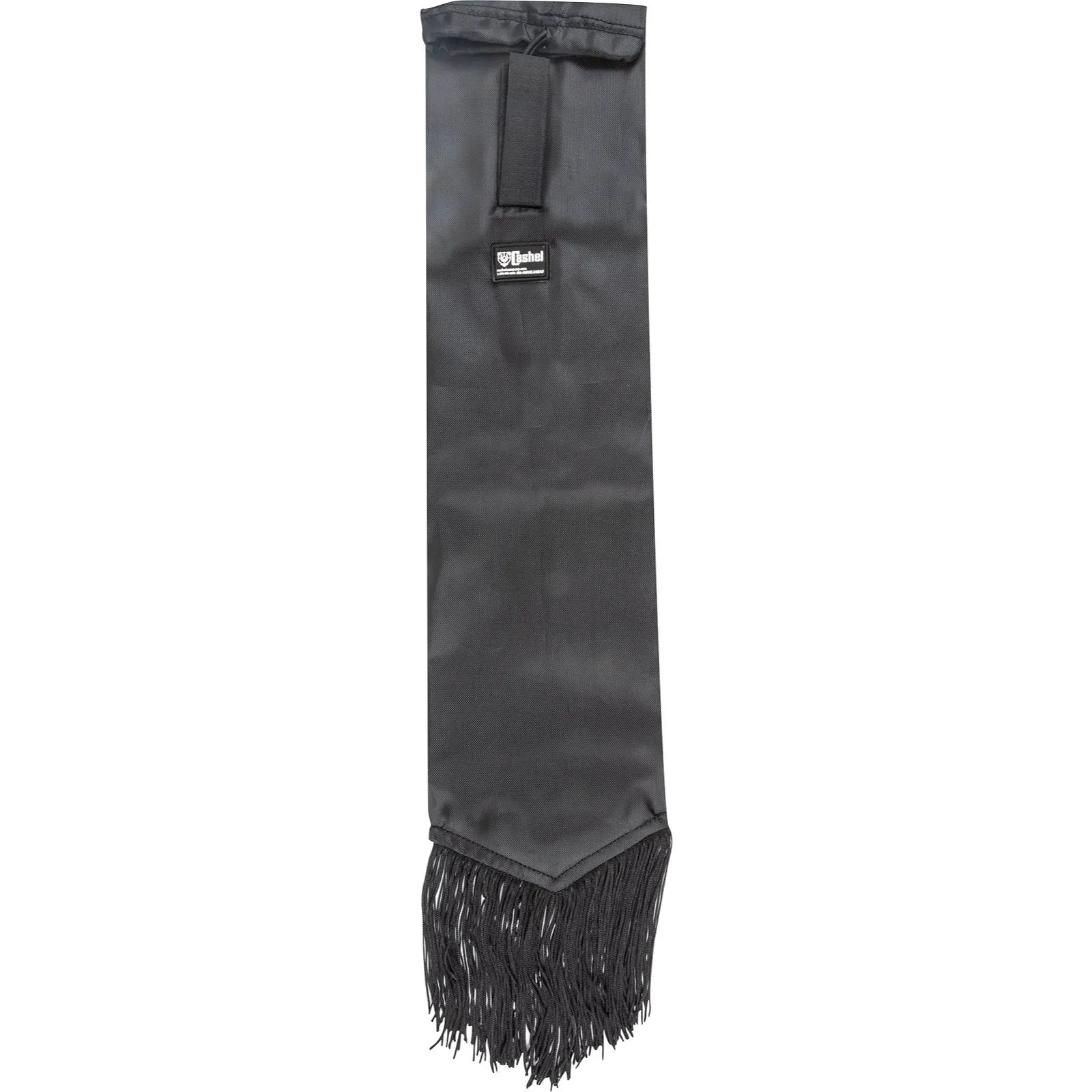Black Cashel Designer Tail Bag Wrap in sleek black nylon, featuring a stylish pointed bottom with long, flowy fringe. Designed to protect a horse's tail from breakage, dirt, and tangles, this equestrian accessory includes a secure Velcro attachment strap and drawstring closure. Perfect for show horses or daily tail care, combining durable protection with a professional look for the stable or travel.