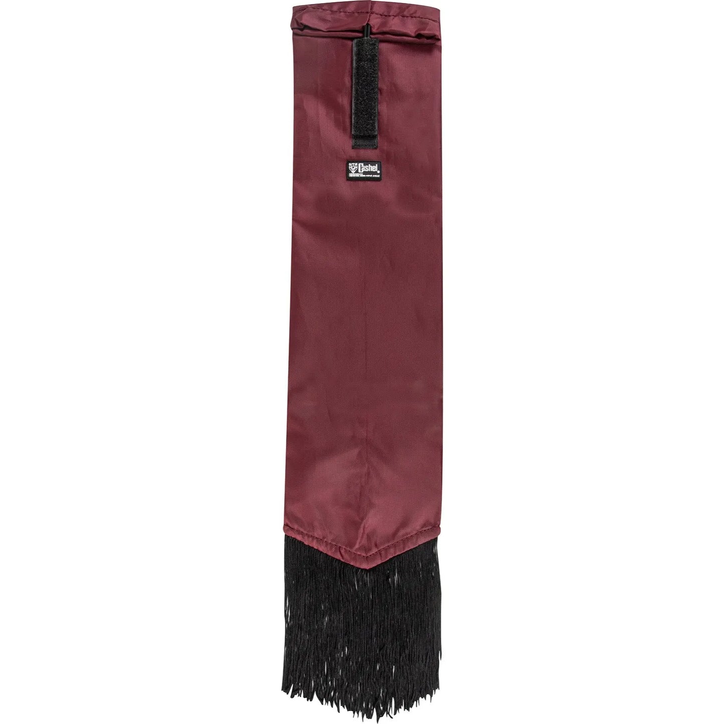 Cashel Designer Tail Bag Wrap in elegant maroon with flowing black fringe. This protective horse tail bag features a secure top fastener and durable fabric to prevent hair breakage and keep tails clean. Stylish and functional equestrian gear perfect for horse shows, travel, or daily grooming. High-quality burgundy tail guard for horses, designed for both ultimate tail protection and fly-swatting style.