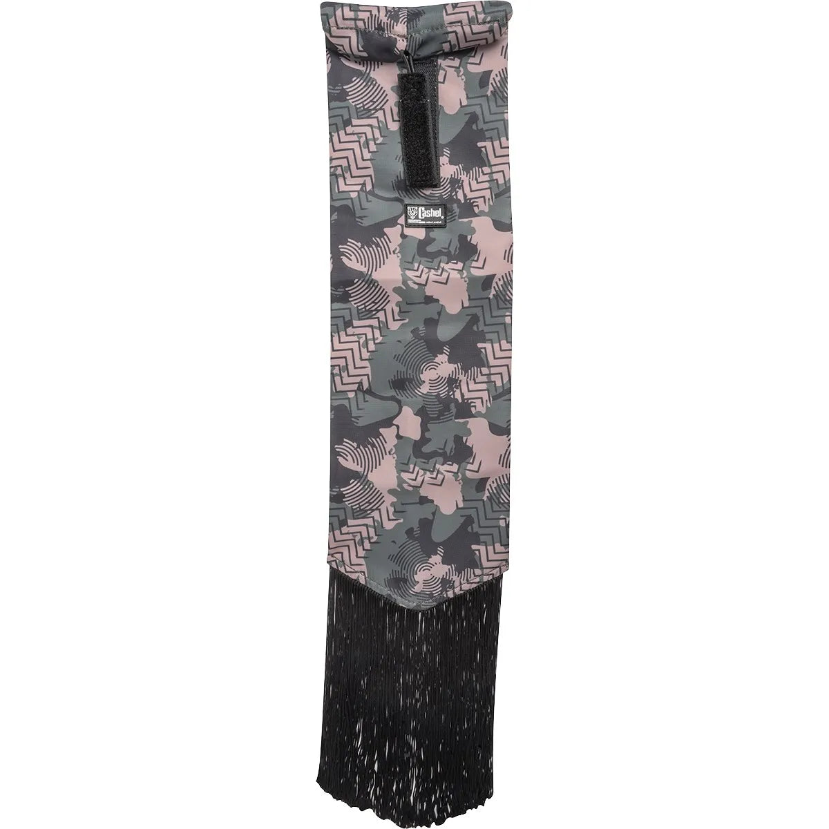 Cashel Designer Tail Bag Wrap featuring a unique pink, grey, and black camouflage print with decorative zig-zag and circular line patterns. This equestrian tail protector includes a secure Velcro closure at the top and stylish long black fringe at the bottom. Perfect for keeping your horse’s tail clean and protected during trail rides or shows, this Cashel tail bag combines durable functionality with eye-catching designer style.