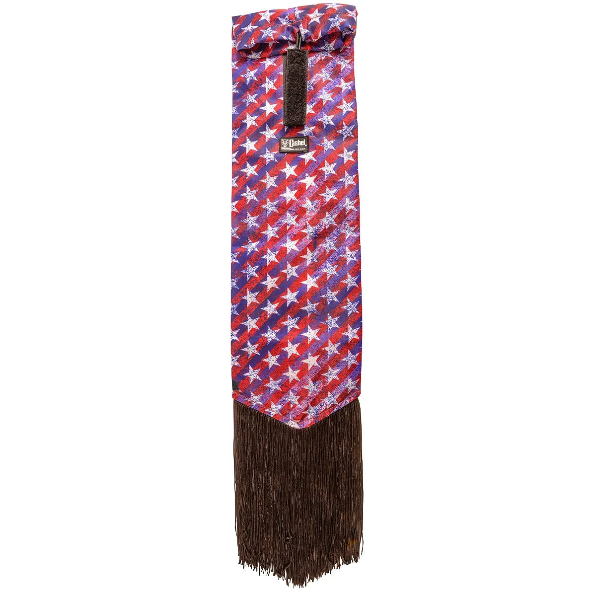 Cashel Designer Tail Bag Wrap featuring a patriotic American flag pattern with white stars on red and blue stripes. This protective horse tail bag includes a secure hook-and-loop top closure and stylish long brown fringe at the bottom. Ideal for keeping a horse's tail clean and protected from breakage, this functional equestrian accessory adds western flair and style to any horse's grooming routine.