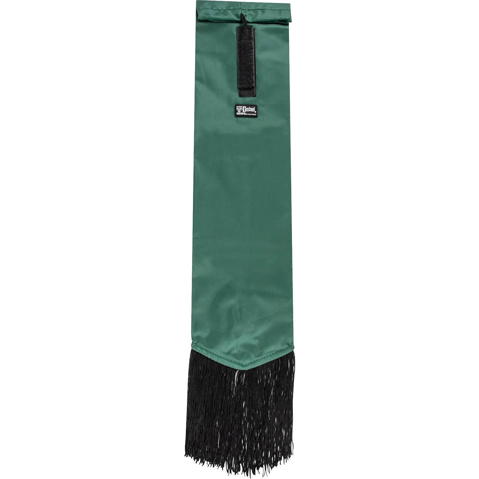 Hunter green Cashel Designer Tail Bag Wrap featuring a secure black Velcro closure and stylish black fringe tassels at the bottom. This equestrian tail guard protects horse hair from dirt, breakage, and fly swatting. A durable and functional horse grooming accessory designed to keep tails clean and healthy during turnout or travel. Perfect for riders looking for quality tail protection with a classic aesthetic.