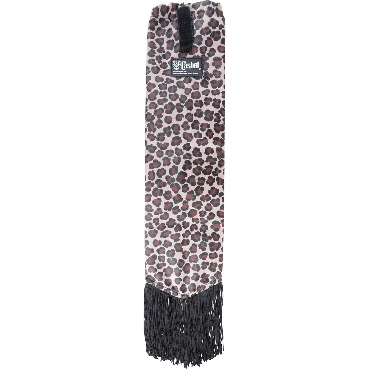 Cashel Designer Tail Bag featuring a chic pink and dark brown leopard print pattern. This long, protective equestrian tail wrap includes a secure black Velcro strap at the top and stylish black fringe at the bottom to help swat flies. Ideal for maintaining a clean, healthy horse tail and preventing breakage, this functional grooming accessory adds flair to any horse's gear collection.