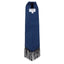 Navy blue Cashel Designer Tail Bag Wrap featuring a pointed bottom with stylish long black fringe. This equestrian tail guard is designed to protect a horse's tail from breakage, tangling, and dirt, keeping it clean for shows. The bag includes a secure drawstring top closure and a signature Cashel label, offering a blend of functional protection and professional grooming style for horses.