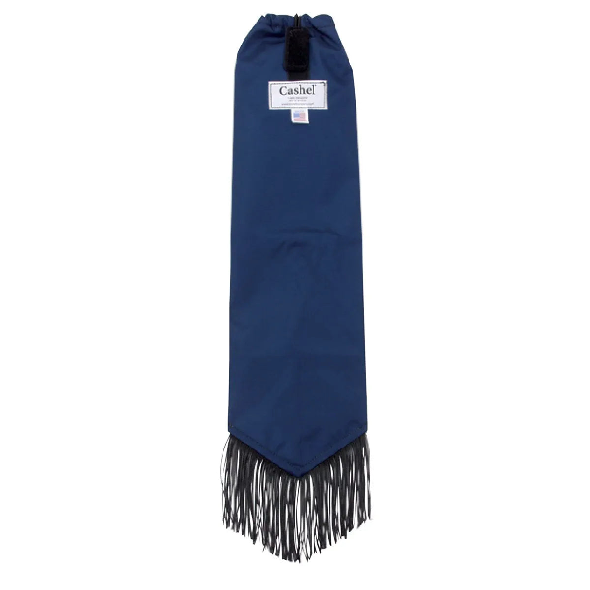 Navy blue Cashel Designer Tail Bag Wrap featuring a pointed bottom with stylish long black fringe. This equestrian tail guard is designed to protect a horse's tail from breakage, tangling, and dirt, keeping it clean for shows. The bag includes a secure drawstring top closure and a signature Cashel label, offering a blend of functional protection and professional grooming style for horses.