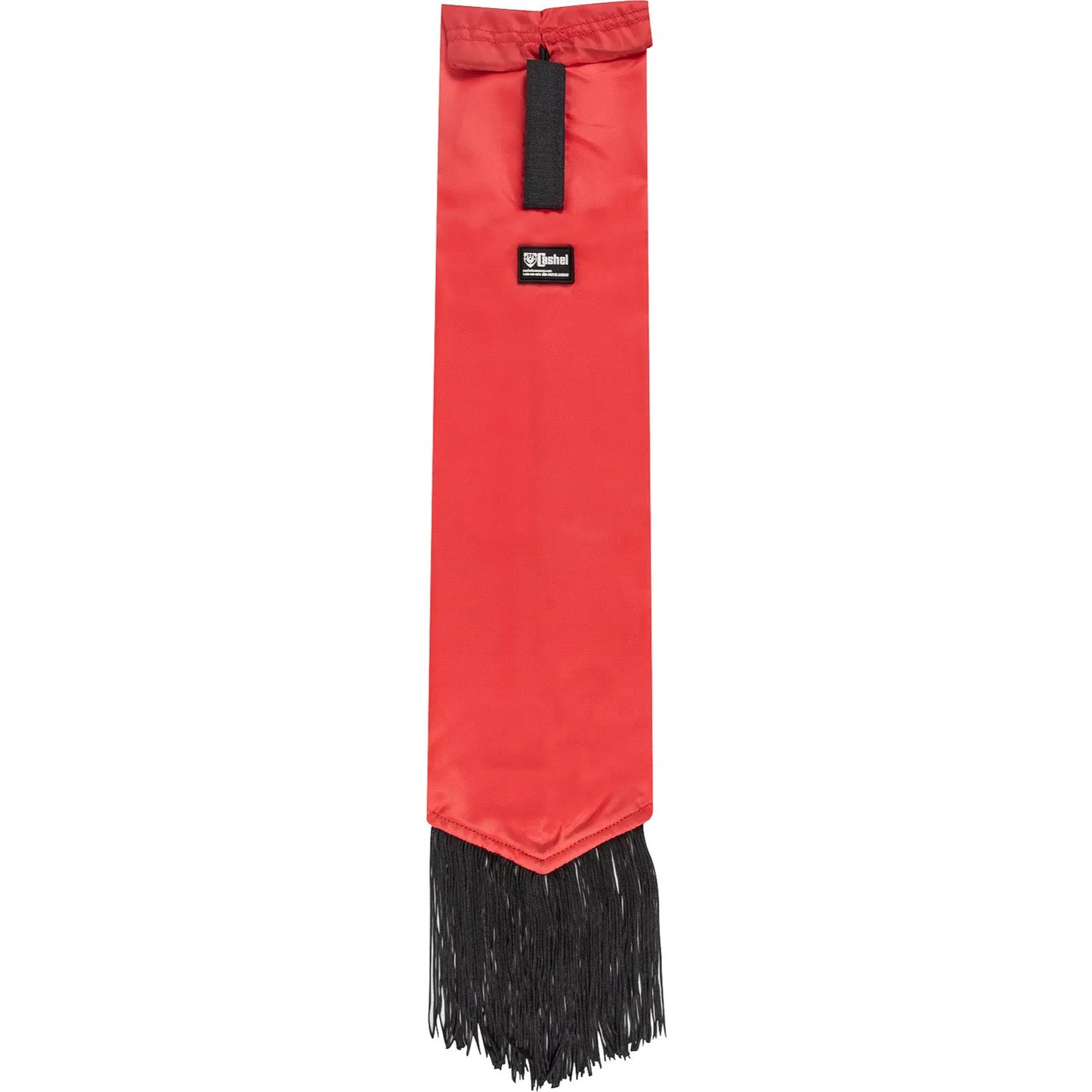 Cashel Designer Tail Bag Wrap in a vibrant red color, designed to protect horse tails from dirt and damage. This durable equestrian tail guard features long black fringe at the base, a secure black Velcro strap for easy attachment, and the signature Cashel brand logo. Ideal for horse shows, travel, or daily grooming to keep tails clean and tangle-free.