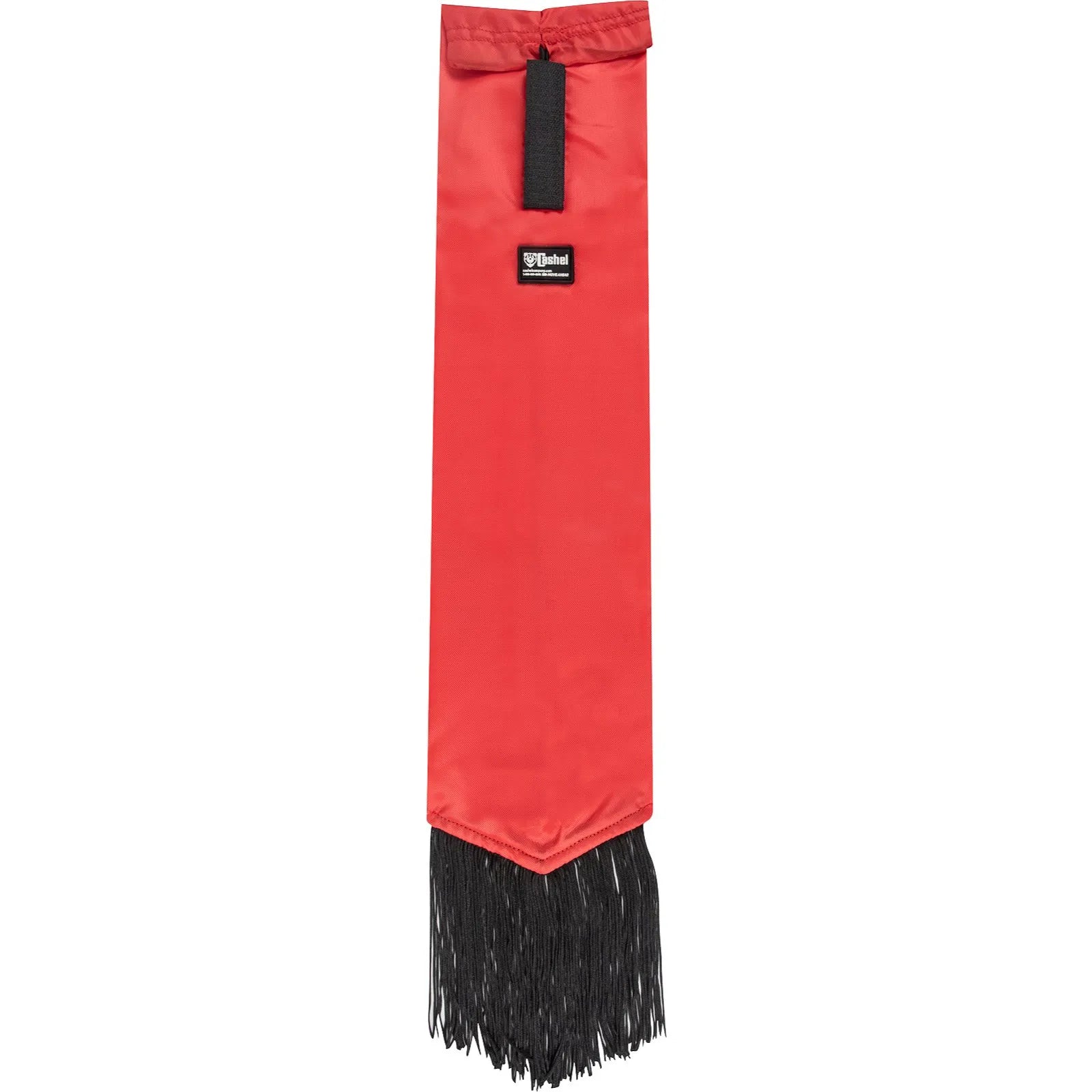 Cashel Designer Tail Bag Wrap in a vibrant red color, designed to protect horse tails from dirt and damage. This durable equestrian tail guard features long black fringe at the base, a secure black Velcro strap for easy attachment, and the signature Cashel brand logo. Ideal for horse shows, travel, or daily grooming to keep tails clean and tangle-free.