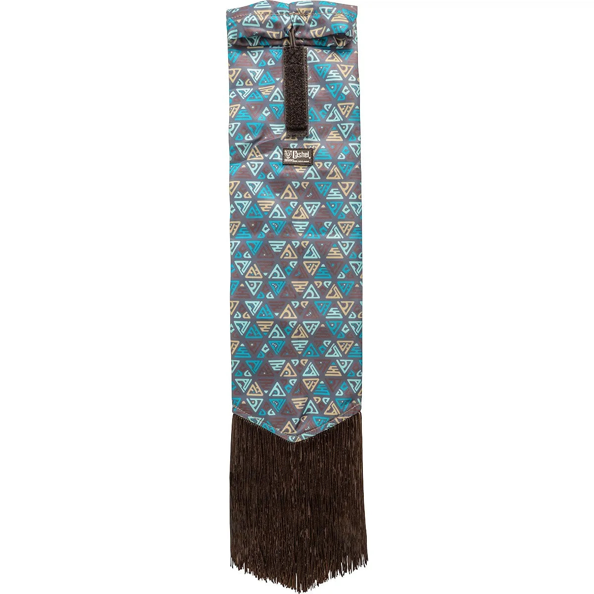 Cashel Designer Tail Bag Wrap featuring a chic teal, blue, and brown geometric triangle pattern. This stylish equestrian tail protector includes a secure Velcro top closure and long brown fringe at the bottom to keep your horse's tail clean and tangle-free. Perfect for show horse grooming and tail protection during travel or turnout, blending high-end fashion with practical horse care.