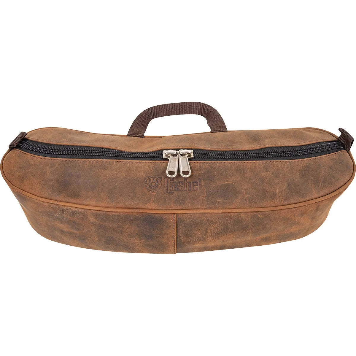 Cashel Distressed Leather Cantle Bag in a rustic brown finish, designed for western trail riding. This durable saddle bag features a curved shape, heavy-duty double zippers, and a sturdy brown webbing carry handle. The weathered, vintage-style leather is accented with an embossed Cashel logo, making it a stylish and functional equestrian accessory for storing essentials securely on the trail.