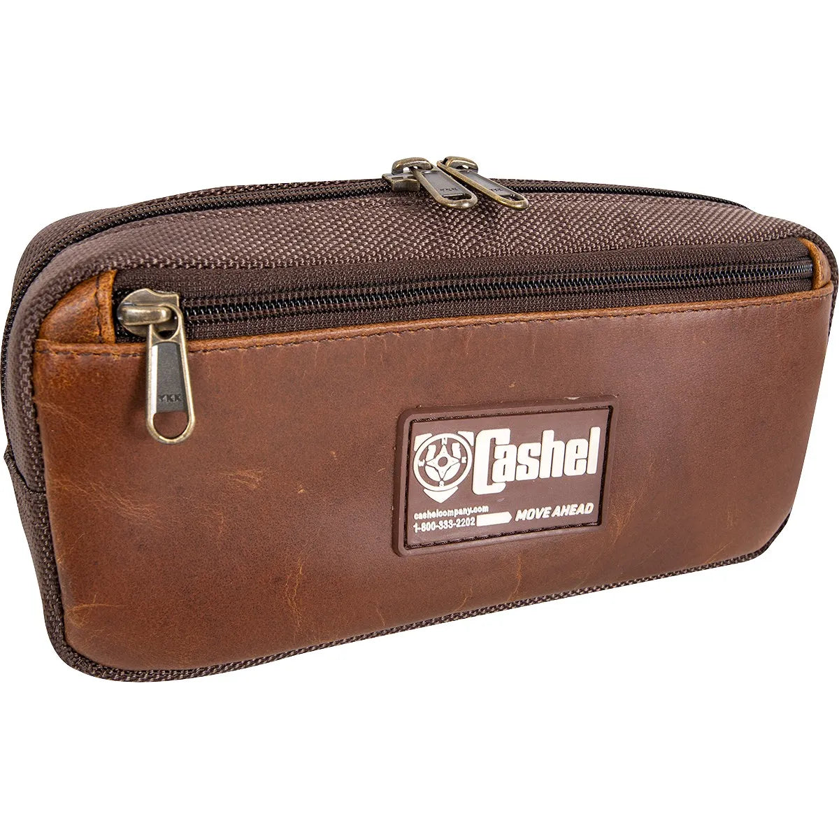 Cashel Distressed Leather Pommel Saddle Bag in rich brown. This small, ride-ready equestrian trail bag features a rugged weathered leather front with a classic logo and a durable heavy-duty nylon top. Multiple secure YKK zipper compartments provide easy access to essentials. Perfect for western riders looking for compact, high-quality horse tack that combines vintage style with modern trail-ready functionality.