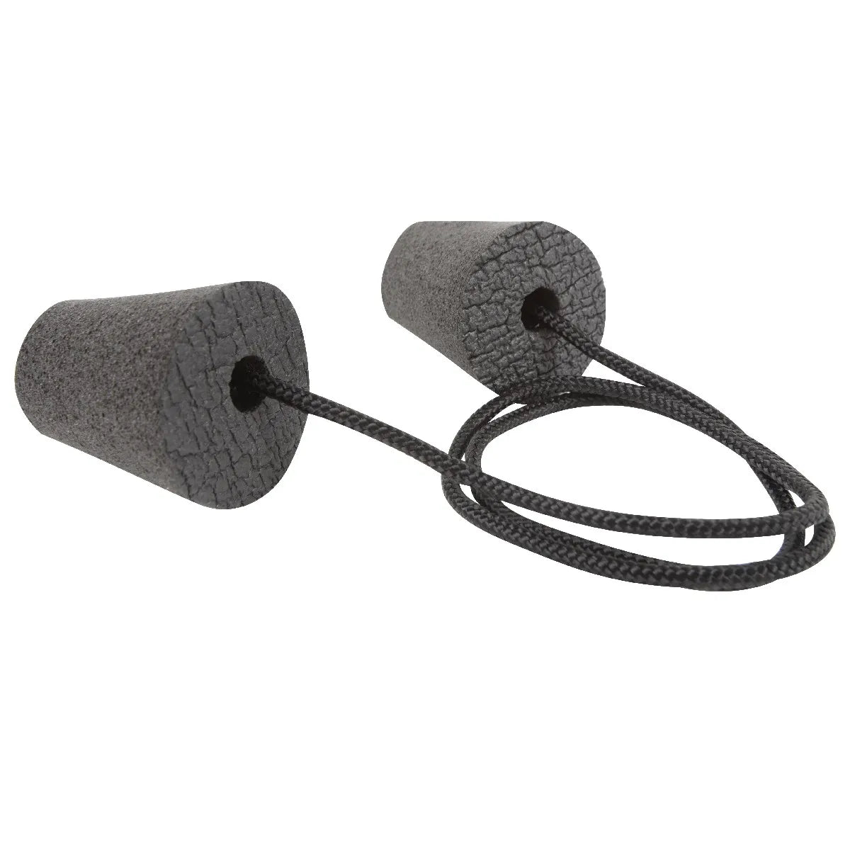 Cashel charcoal grey foam ear plugs for horses featuring a tapered conical design for sound muffling and comfort. These soft equine earplugs are connected by a durable black braided cord to prevent loss during horse shows, trail rides, or clipping. Ideal noise-reducing horse gear to help keep your equine partner calm and focused by minimizing loud distractions.