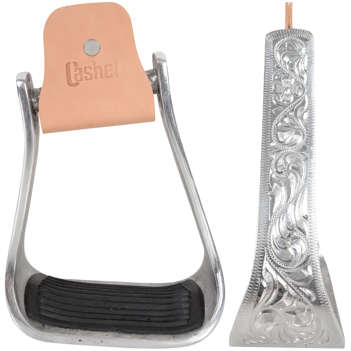 Cashel Engraved Slanted Stirrups in polished aluminum with an ergonomic 2.5-inch offset design for superior knee and ankle comfort. Features include a textured black rubber tread for a secure grip and a tan leather top with the Cashel logo. The side profile showcases intricate floral western engraving. Perfect for trail riders and barrel racers looking for stylish, performance-oriented western saddle accessories that reduce joint strain.