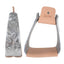 Cashel Engraved Slanted Stirrups with a 3-inch aluminum offset design for superior rider comfort. These stylish western stirrups feature intricate floral silver engravings and durable tan leather padding on the footbed and neck. Designed to reduce joint fatigue, the ergonomic offset shape is perfect for trail riding, barrel racing, or western pleasure. A premium piece of horse tack that combines classic western aesthetics with modern functional design.