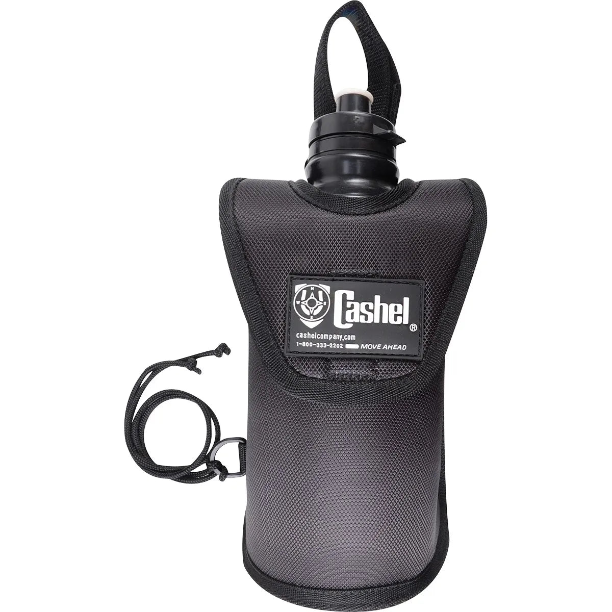 Cashel Equestrian Water Bottle Holder for horse saddles, featuring a black water bottle in a durable, reflective black nylon pouch. This essential trail riding accessory includes an adjustable attachment cord for secure mounting to your saddle horn or pommel. Stay hydrated while riding with this stylish and functional equestrian gear, designed for both Western and English saddles to provide easy access to water on long trail rides.