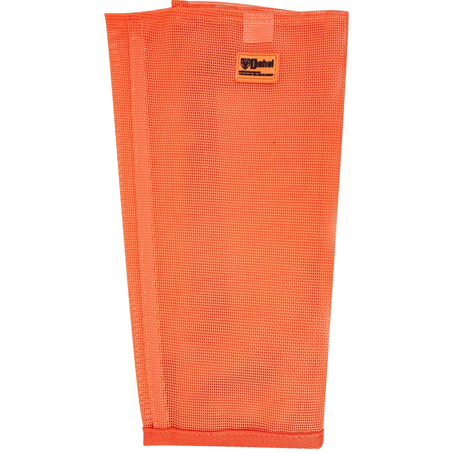 Bright orange Cashel Equine Fly Control Leg Guard featuring a breathable, high-visibility mesh design. This durable horse boot protects sensitive legs from flies, biting insects, and UV rays while maintaining airflow. Essential equine gear for summer turnout, these leg guards prevent stamping and irritation. Shown is a single orange mesh wrap with a branded Cashel label near the top, highlighting the quality and comfort of this protective 4-pack set.