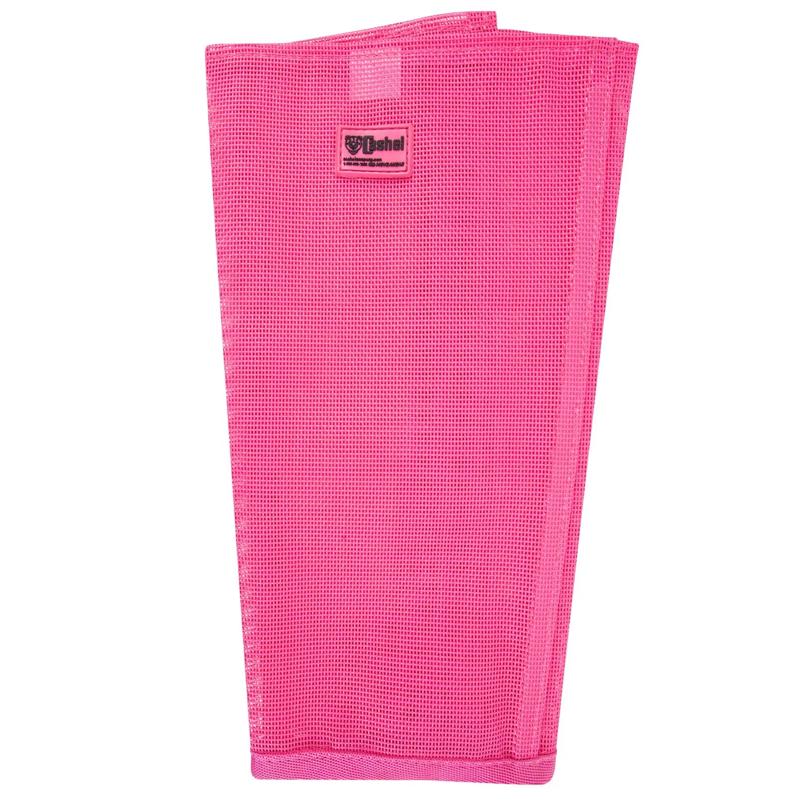 Hot pink Cashel Crusader fly leg guards for horses made of breathable mesh fabric to protect against biting flies and UV rays. This durable equine leg wrap features the Cashel logo, a tapered fit for comfort, and a secure closure to prevent slipping. Ideal for summer insect protection and reducing leg fatigue from stomping in the pasture.