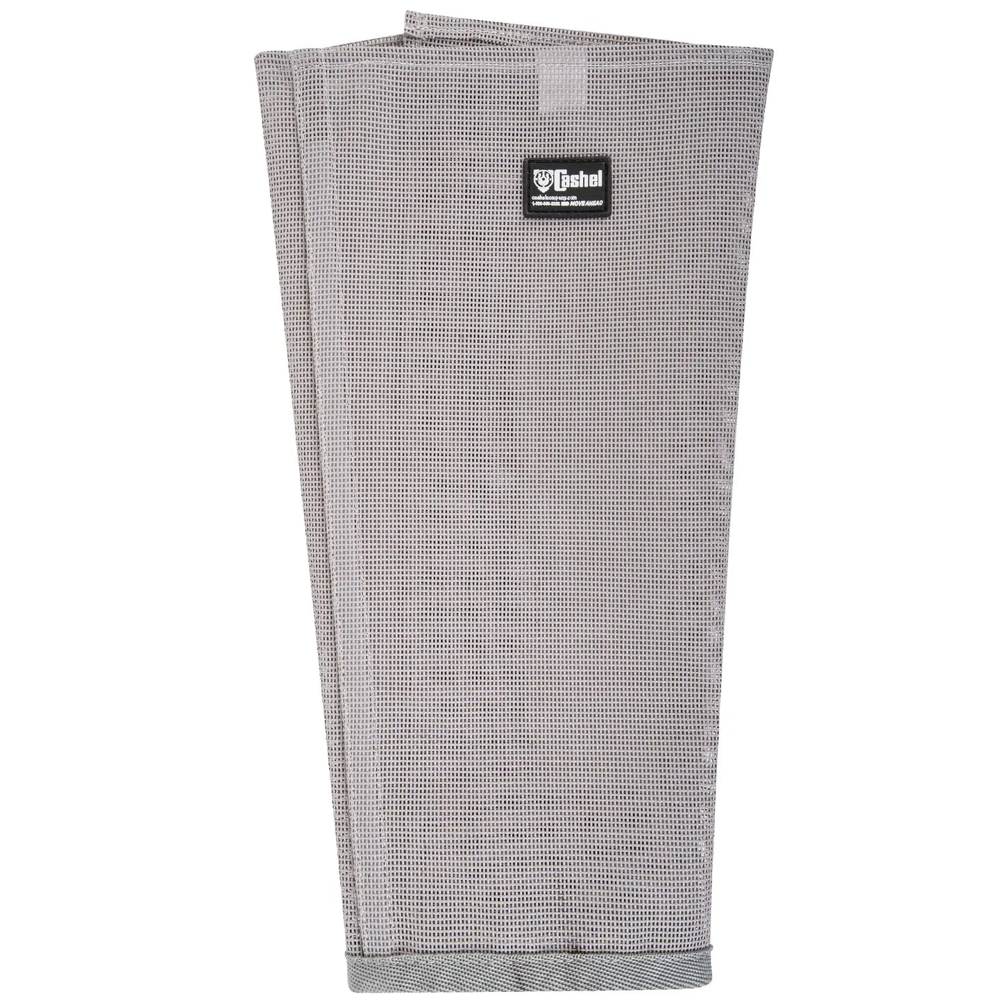 Cashel Equine Fly Control Leg Guard in grey breathable mesh. This protective horse fly boot features a fine-mesh design to block insects and UV rays while allowing airflow to keep legs cool. Includes a secure adjustable fastener and a reinforced bottom edge for durability. Essential equestrian gear for protecting horses from biting flies and pests in the pasture or stable. High-quality grey horse leg protection by Cashel.