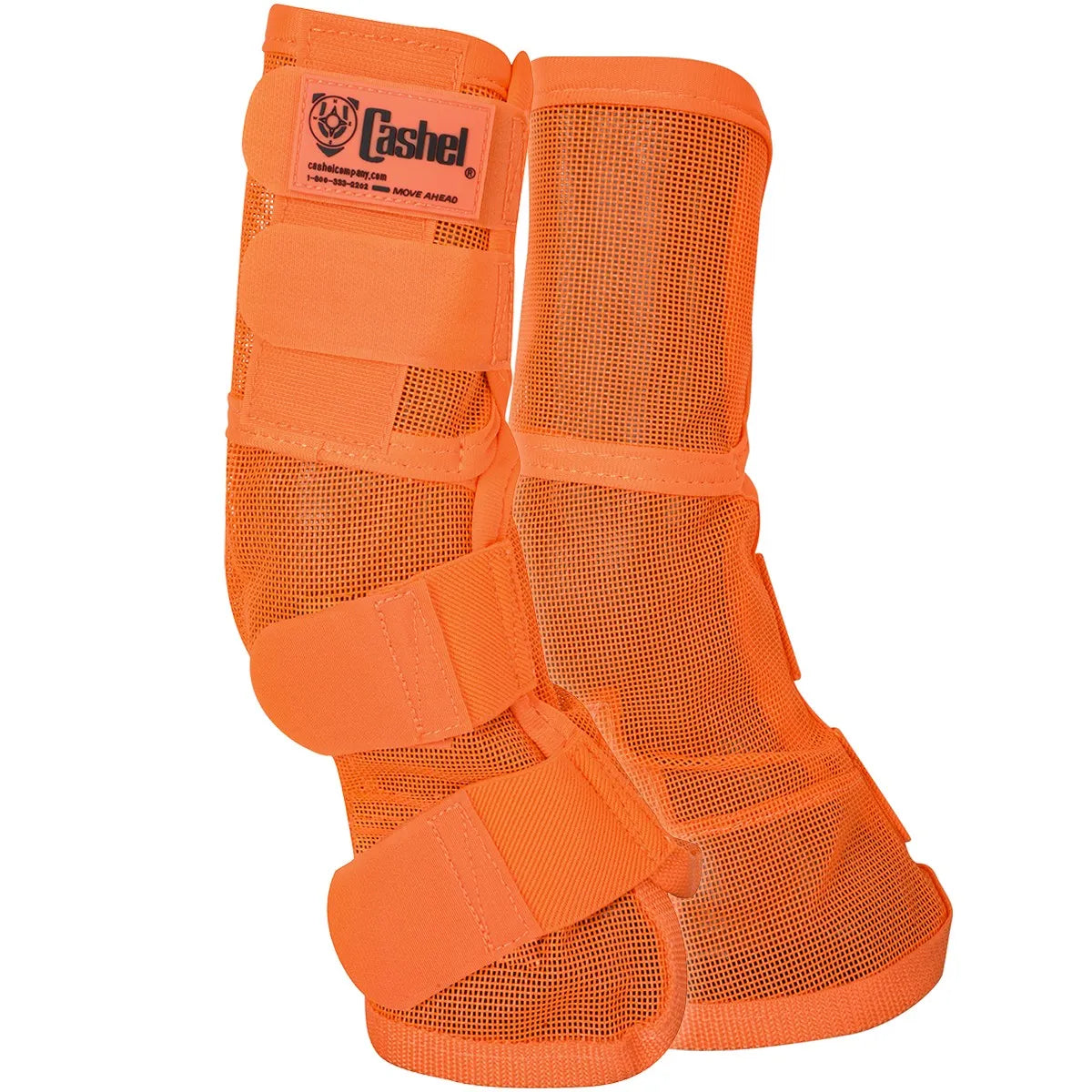 Cashel Equine Horse Fly Leg Guards in high-visibility neon orange. These durable, breathable mesh fly boots feature adjustable hook-and-loop closures for a secure, contoured fit around the horse's lower legs. Designed to protect against biting flies, mosquitoes, and harmful UV rays while maintaining airflow. Essential equestrian gear for summer comfort in the pasture or stable, combining insect protection with a bold, stylish look.