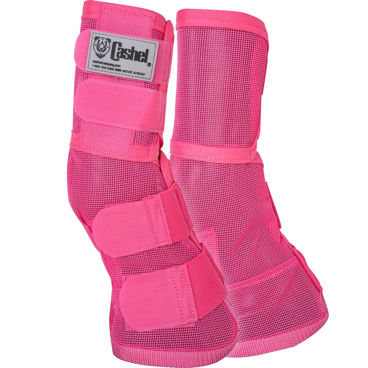 Cashel Equine Horse Fly Leg Guards in vibrant hot pink mesh. This pair of protective horse boots features four adjustable Velcro straps for a secure, contoured fit around the leg and hoof. Designed to shield horses from biting flies and insects, the breathable mesh fabric prevents overheating. Ideal for summer turnout and pasture protection, these stylish pink fly wraps include the Cashel brand logo on the top strap.
