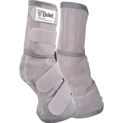 Cashel Equine Horse Fly Leg Guards in light gray, featuring breathable mesh and four secure hook-and-loop straps for a contoured fit. These durable fly boots protect horse legs from biting insects, pests, and harmful UV rays, helping to reduce stomping and irritation in the pasture. High-quality, comfortable equine leg protection ideal for summer horse care and effective fly control.