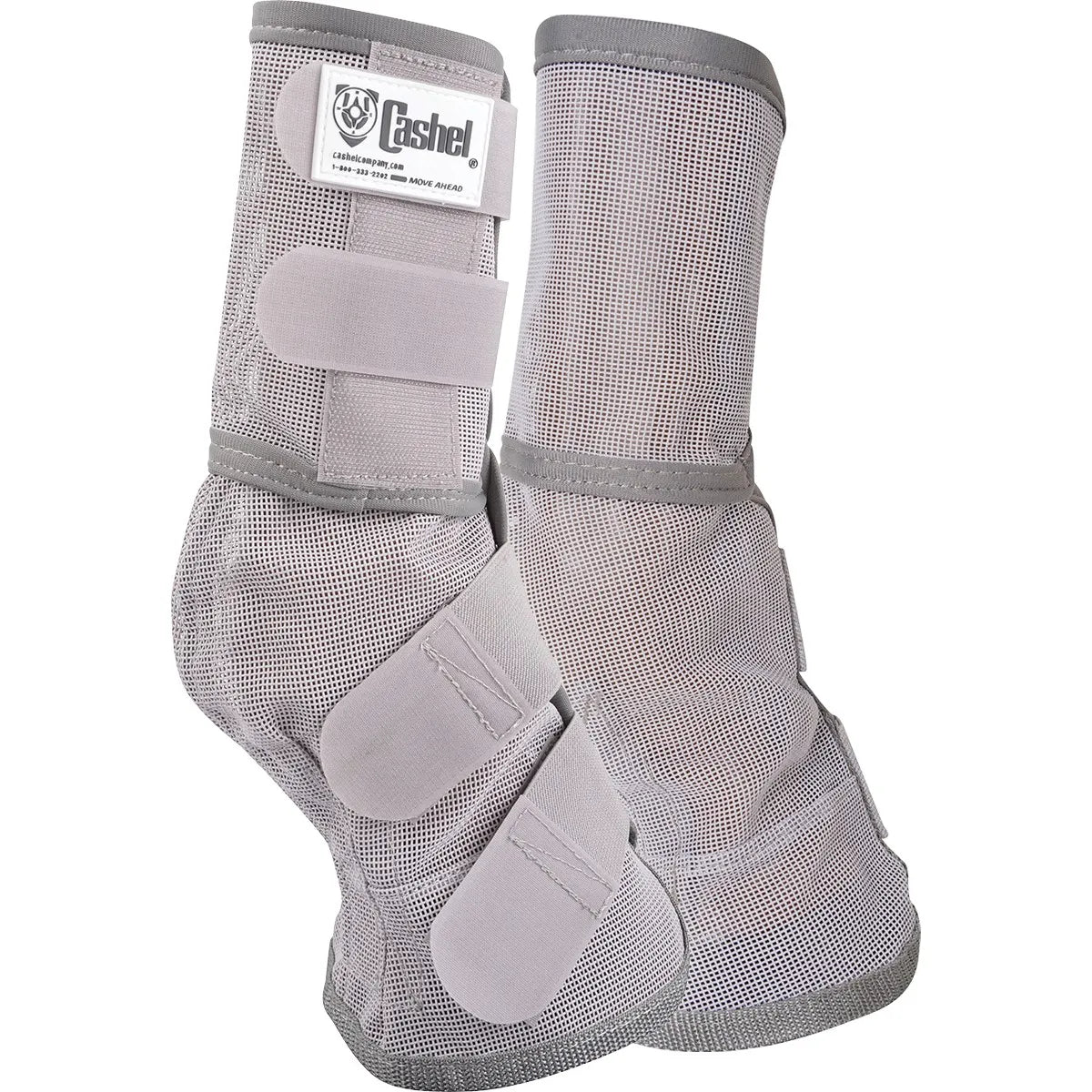 Cashel Equine Horse Fly Leg Guards in soft grey. These breathable mesh fly boots for horses feature four adjustable hook-and-loop closures for a secure, contoured fit. Designed to protect horse legs from flies, biting insects, and harmful UV rays, these durable and lightweight leg guards provide maximum comfort and airflow during turnout. Essential equestrian gear for seasonal insect protection.
