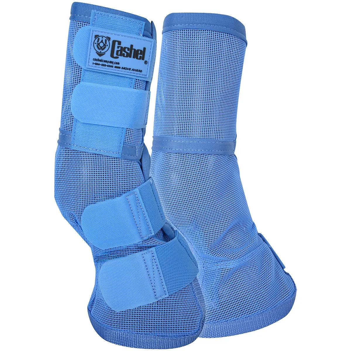 Cashel Equine Horse Fly Leg Guards in light blue mesh. These breathable fly boots for horses feature secure hook-and-loop closures to protect legs from biting flies, pests, and UV rays. Designed for comfort and durability during turnout, these contoured mesh leg guards help prevent stomping and skin irritation. Essential equestrian gear for fly season protection.