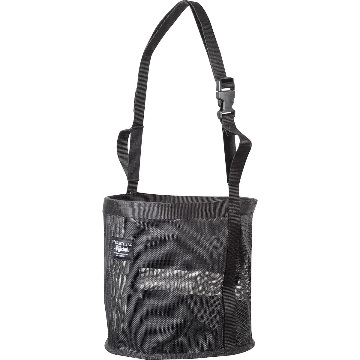 Black Cashel Feed Rite Bag featuring a durable, breathable mesh design to eliminate grain waste and horse feeding stress. This high-quality horse feed bag includes an adjustable heavy-duty nylon strap with a secure plastic buckle for a custom fit. Ideal for trail riding, camping, or pasture feeding, the lightweight mesh allows for ventilation and easy breathing, ensuring a comfortable feeding experience for horses, ponies, and mules.