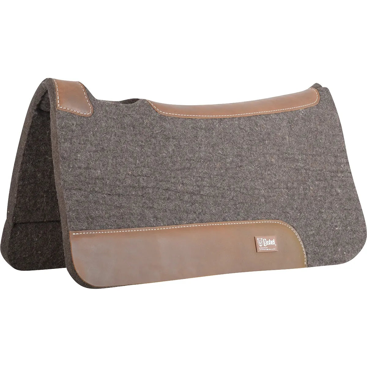 Cashel 1-inch thick grey felt saddle pad (31 x 32) designed for horse comfort and protection. This western saddle pad features a contoured spine for a perfect fit, along with durable brown leather reinforcements on the withers, topline, and side wear leathers. Made from high-quality wool felt for shock absorption and moisture-wicking, it’s essential horse tack for trail riding or performance. Features the iconic Cashel logo on the side leather patch.
