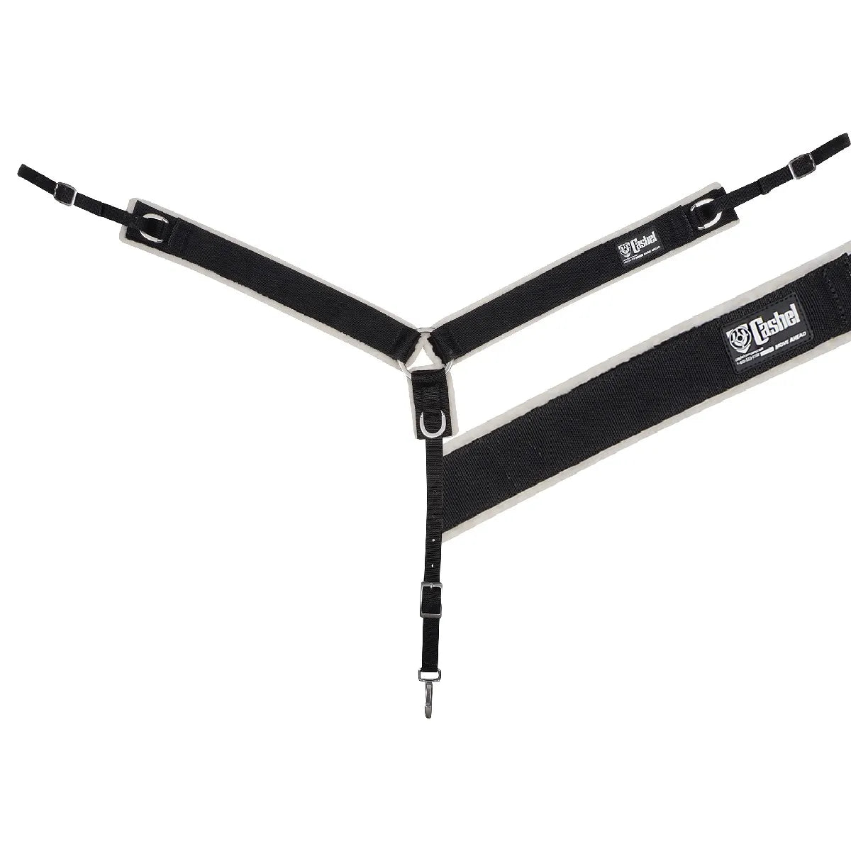 Cashel Fleece Lined Nylon Straight Breast Collar in black, 3/4 inch width. This durable horse breastplate features soft white fleece padding for maximum comfort and chafe protection. It includes a central D-ring, adjustable tug straps with metal buckles, and a snap hook for easy cinch attachment. High-quality equestrian tack designed for saddle stability during trail riding or training, featuring the Cashel logo.