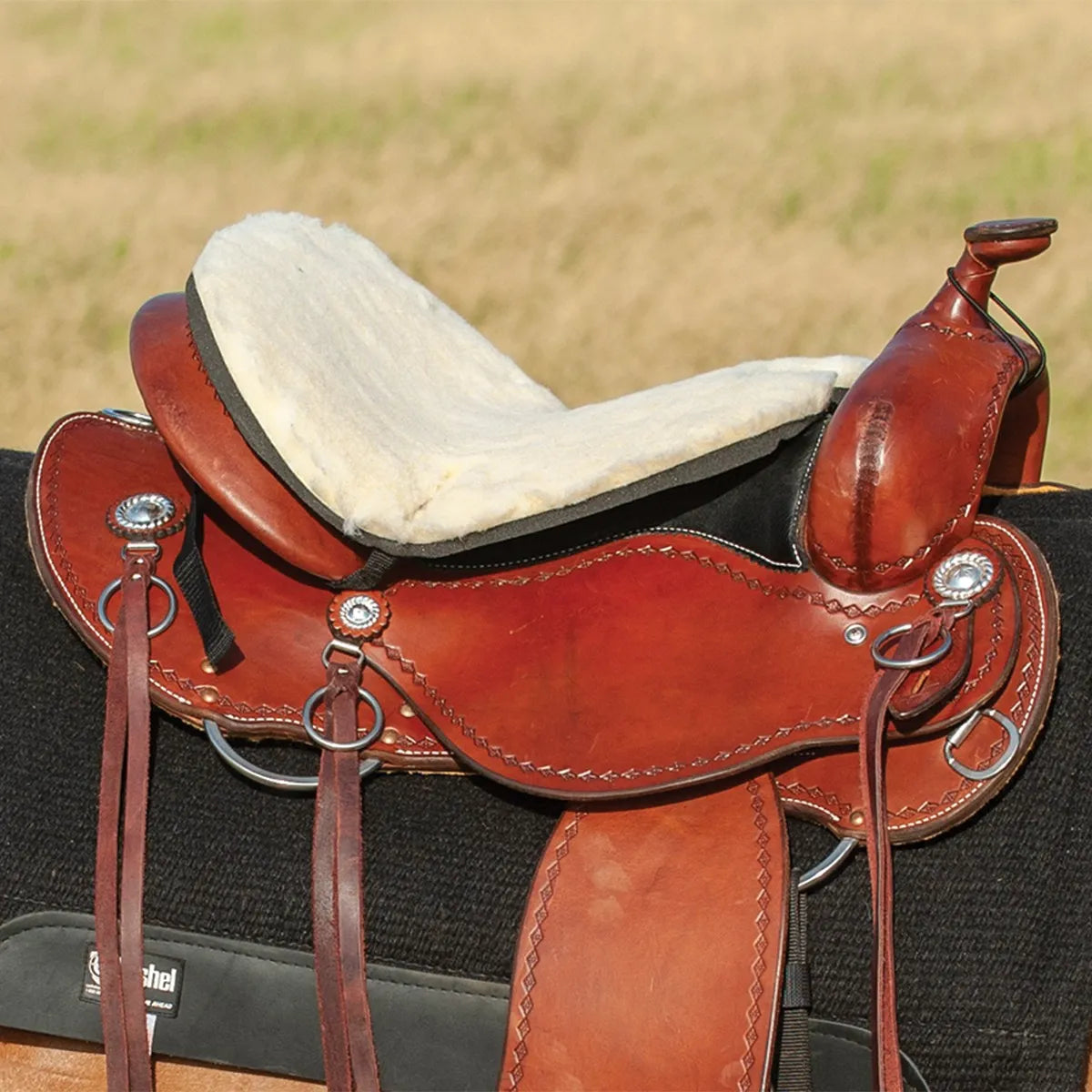 Cashel Fleece Tush Cushion in natural cream, designed to provide superior comfort and pressure relief for riders. This plush fleece seat saver is shown securely fitted onto a brown leather Western saddle. A perfect equestrian accessory for long trail rides, the breathable synthetic fleece padding prevents soreness and fits most Western saddles. Enhance your horse riding experience with this durable, high-quality saddle seat cushion.