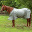 Cashel Flysheet in light grey on a chestnut horse. This breathable mesh horse rug offers superior fly and UV protection during summer turnout. Features include adjustable chest buckles, shoulder gussets for freedom of movement, belly straps, and a soft fleece wither pad for comfort. High-quality equestrian gear designed to keep your horse cool and protected from insects in the pasture.